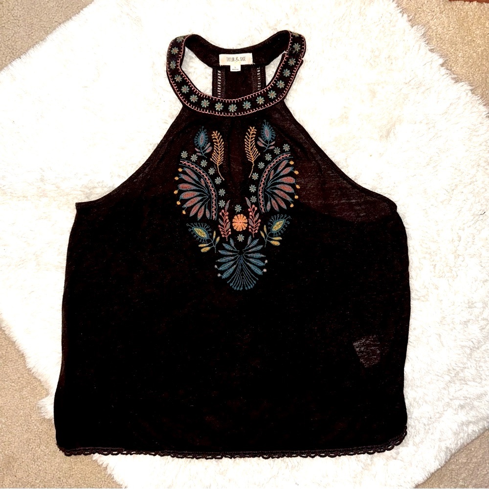 Boho tank top halter neck, racer back chocolate brown, beautiful embroidery